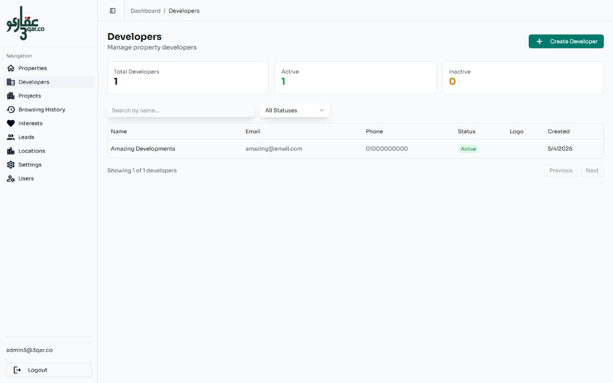3qar.co developers directory showing developer partners and their projects