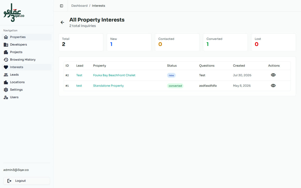 3qar.co property interests screen showing inquiries tracked from new to converted