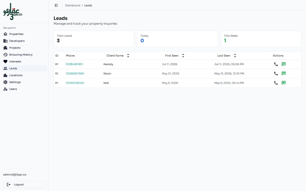 3qar.co lead CRM dashboard showing captured leads with contact details