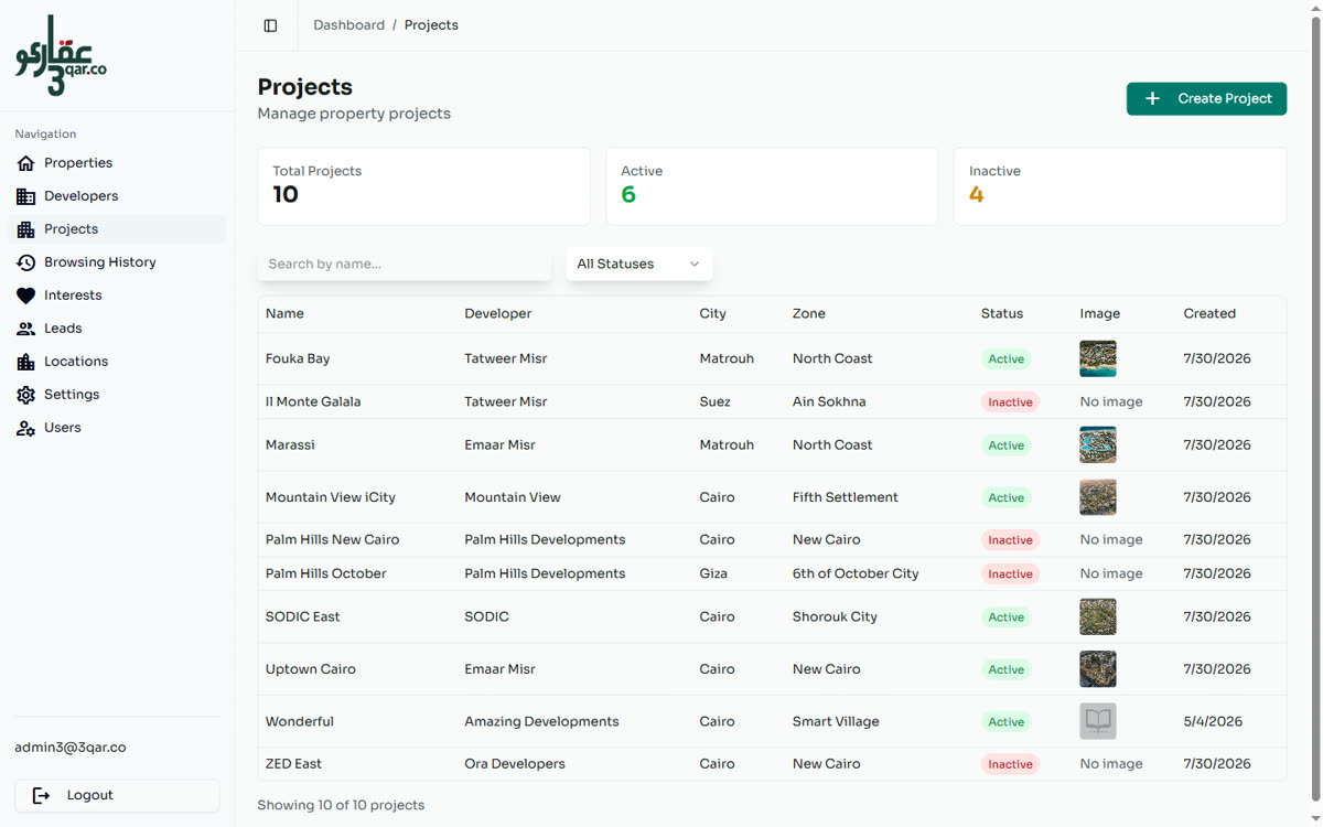 3qar.co projects management screen showing active and inactive developments